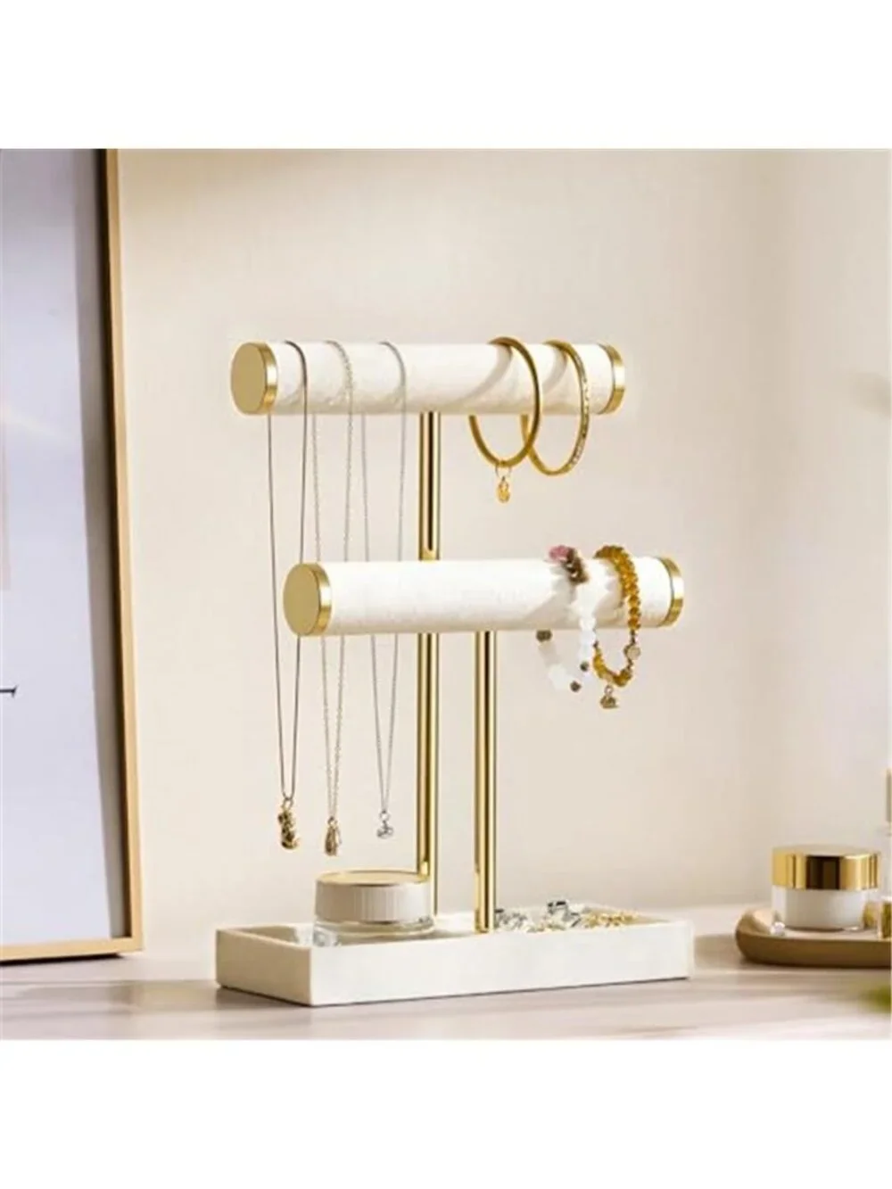 2Tier Bracelet Holder Display, Necklace Holder Organizer,Beige | Velvet Necklace